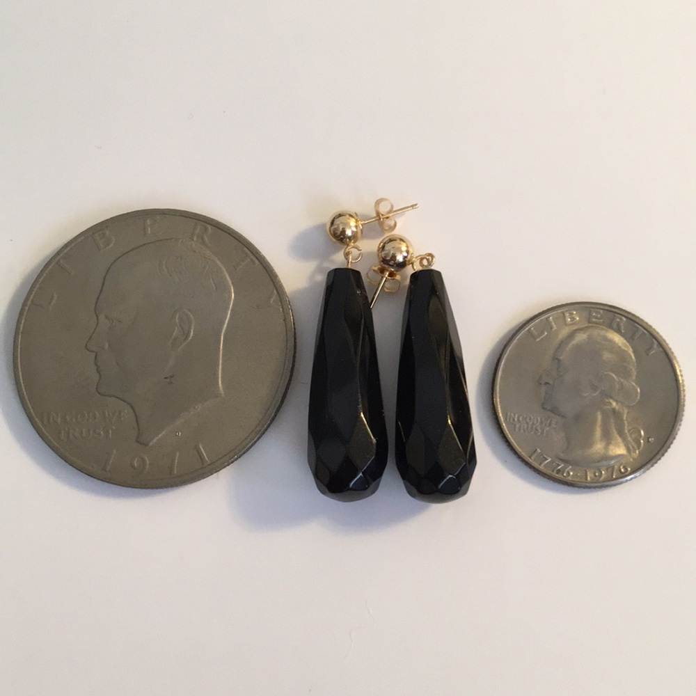 Earrings Black Onyx 14kt Gold Dangle Barrel - Picture 3 of 5